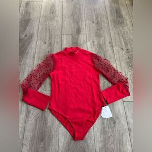 Mango pop Red Bodysuit with Sheer Polka Dot Sleeves